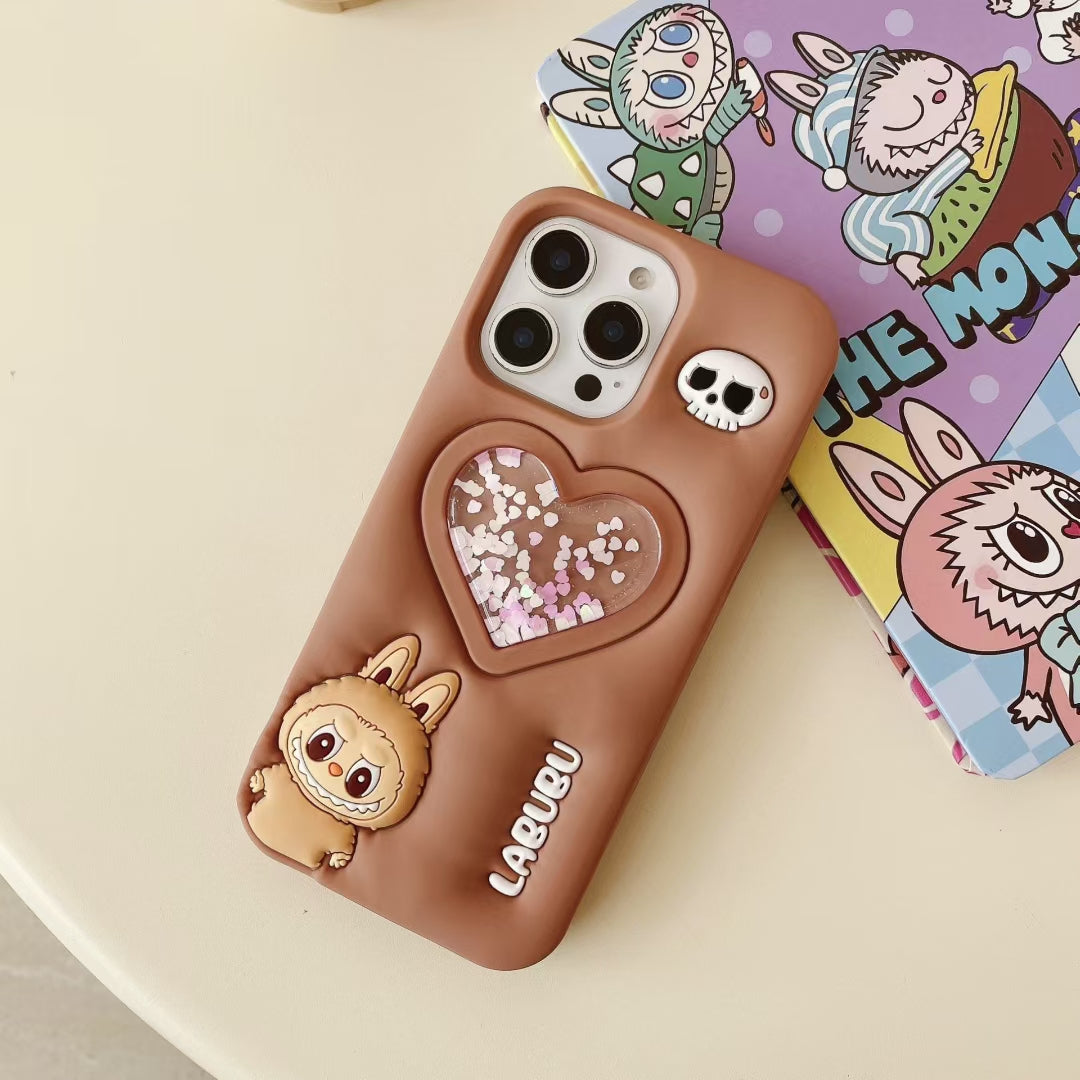 Wholesale Phone Cases Customizable Factory Direct Liquid Glitter Heart Silicone Case with Cute Elf Design for iPhone 15 14 13 12 Pro Max