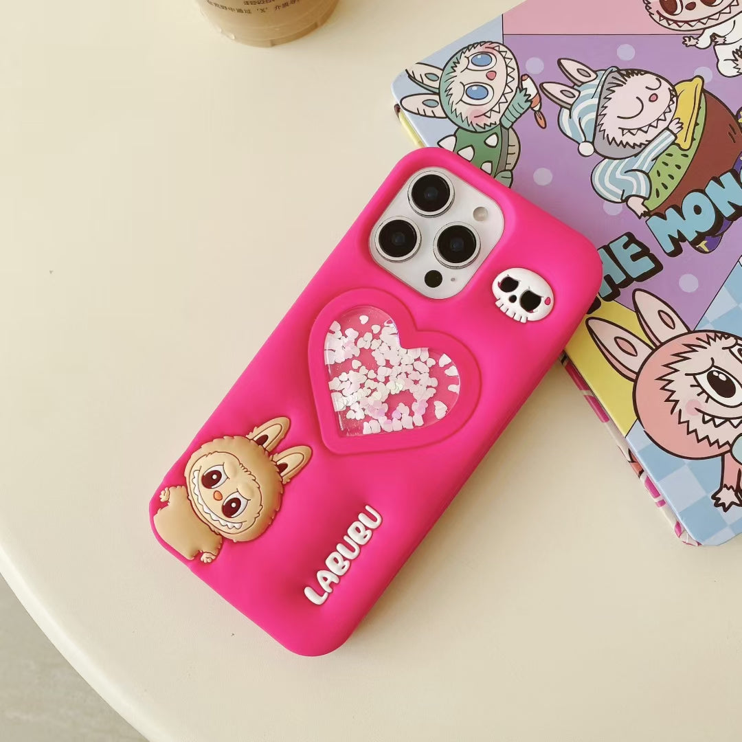 Wholesale Phone Cases Customizable Factory Direct Liquid Glitter Heart Silicone Case with Cute Elf Design for iPhone 15 14 13 12 Pro Max