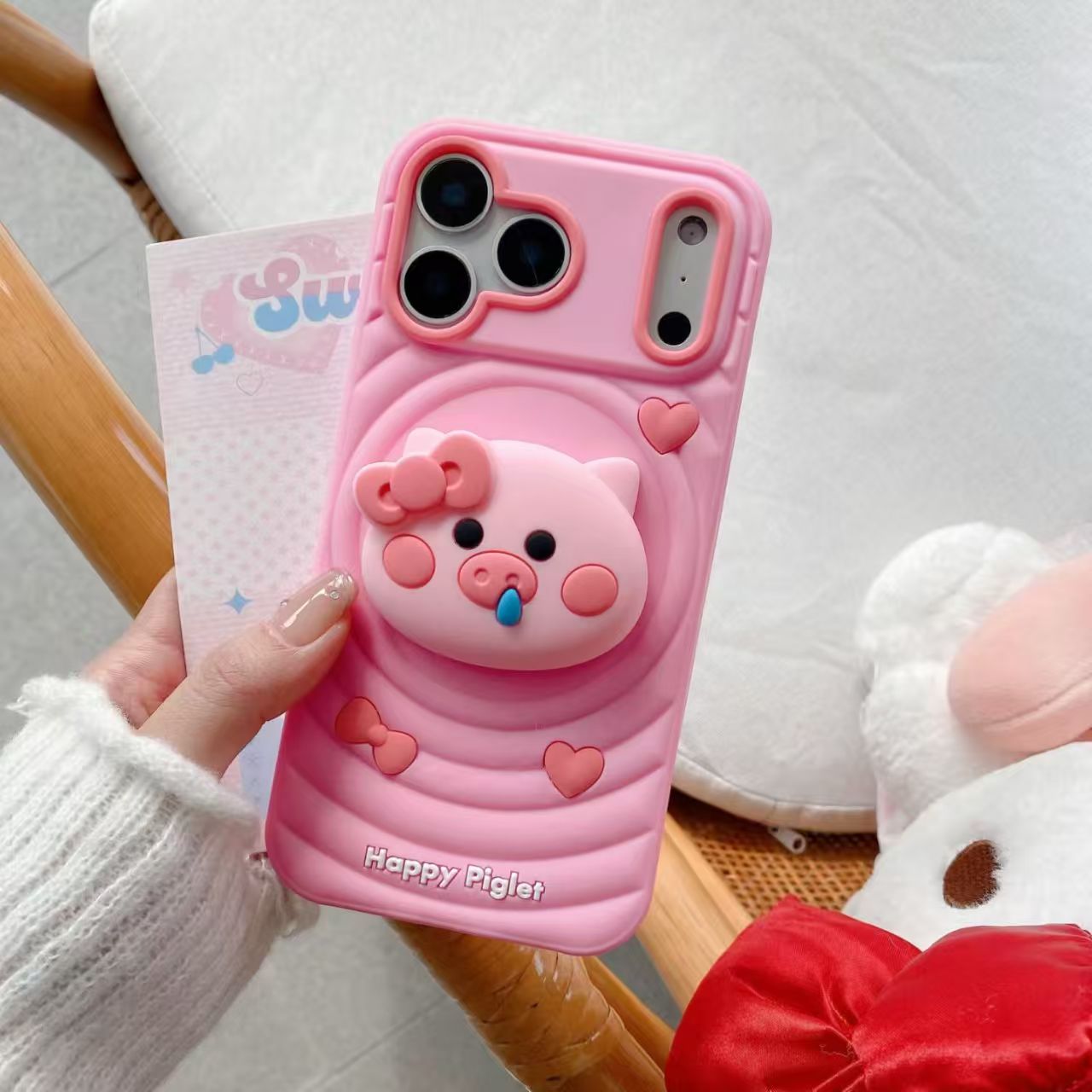 Cute 3D Pig Silicone Case for iPhone 17 17 Pro 17 Pro Max – Soft Shockproof Cover with Stand, Heart Decor and Kawaii Design