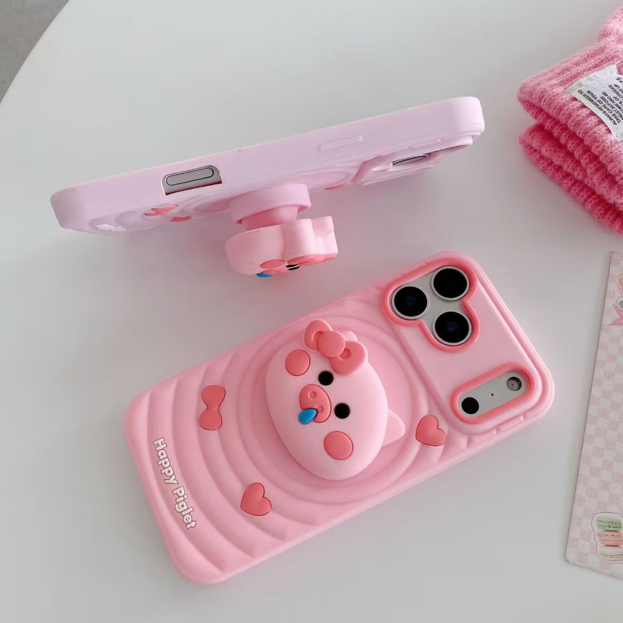 Cute 3D Pig Silicone Case for iPhone 17 17 Pro 17 Pro Max – Soft Shockproof Cover with Stand, Heart Decor and Kawaii Design