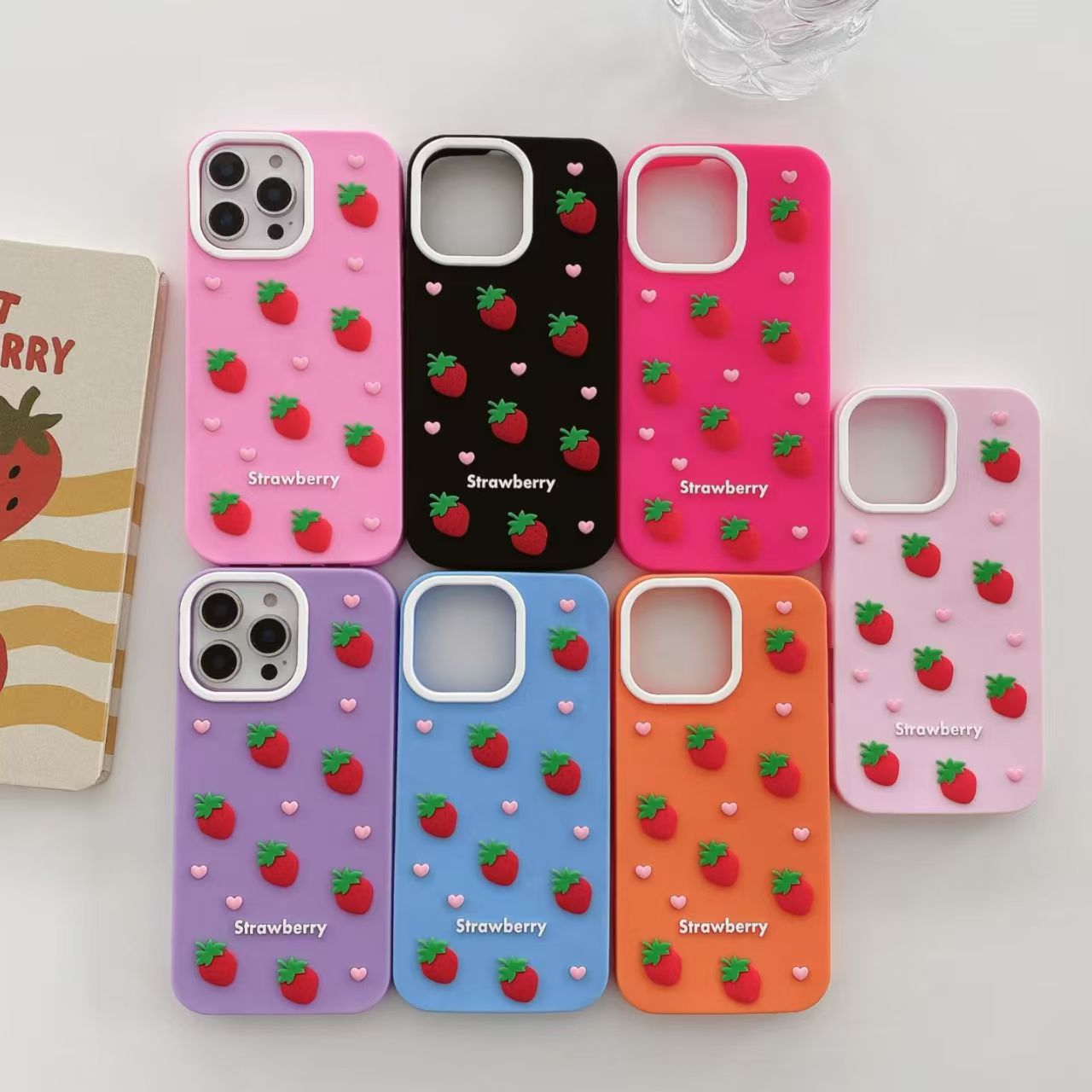 Cute 3D Strawberry Silicone Case for iPhone 17 17 Pro 17 Pro Max – Soft Shockproof Cover with Heart Decor and Kawaii Fruit Design