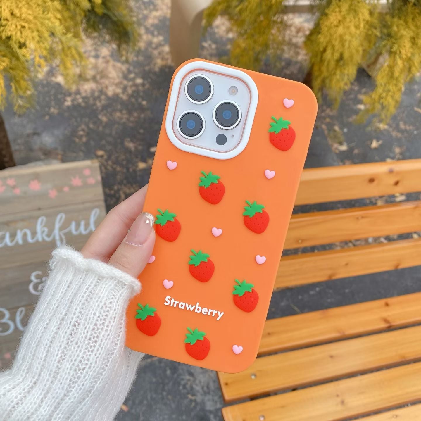 Cute 3D Strawberry Silicone Case for iPhone 17 17 Pro 17 Pro Max – Soft Shockproof Cover with Heart Decor and Kawaii Fruit Design