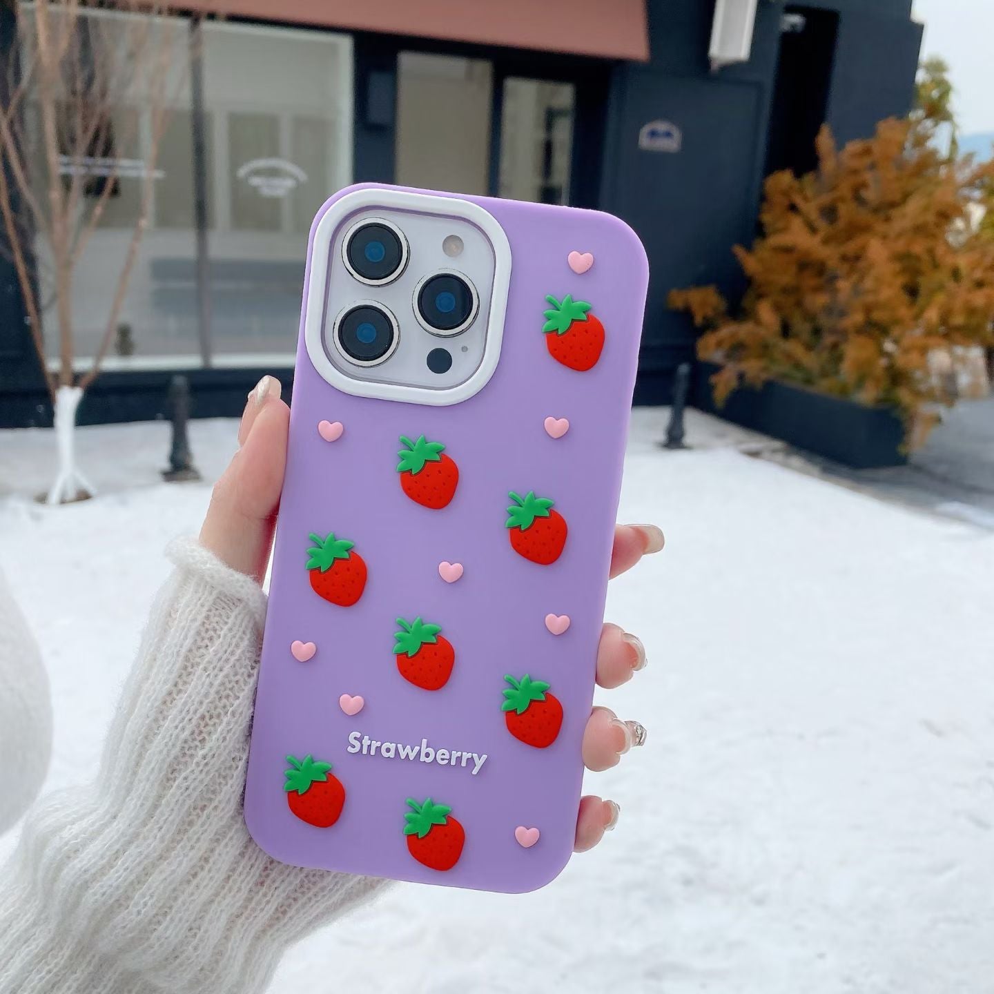 Cute 3D Strawberry Silicone Case for iPhone 17 17 Pro 17 Pro Max – Soft Shockproof Cover with Heart Decor and Kawaii Fruit Design