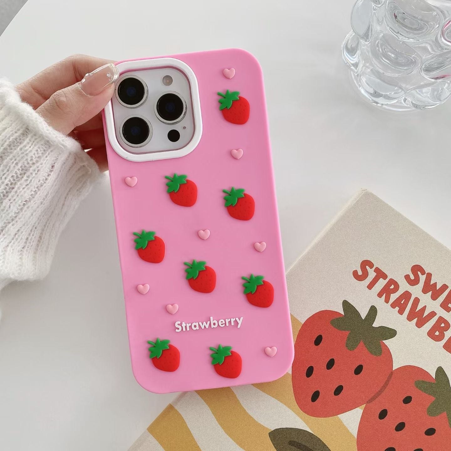 Cute 3D Strawberry Silicone Case for iPhone 17 17 Pro 17 Pro Max – Soft Shockproof Cover with Heart Decor and Kawaii Fruit Design