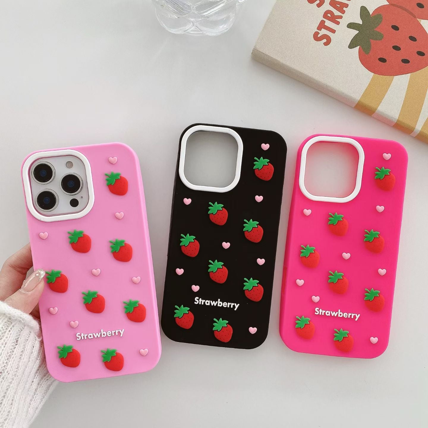 Cute 3D Strawberry Silicone Case for iPhone 17 17 Pro 17 Pro Max – Soft Shockproof Cover with Heart Decor and Kawaii Fruit Design