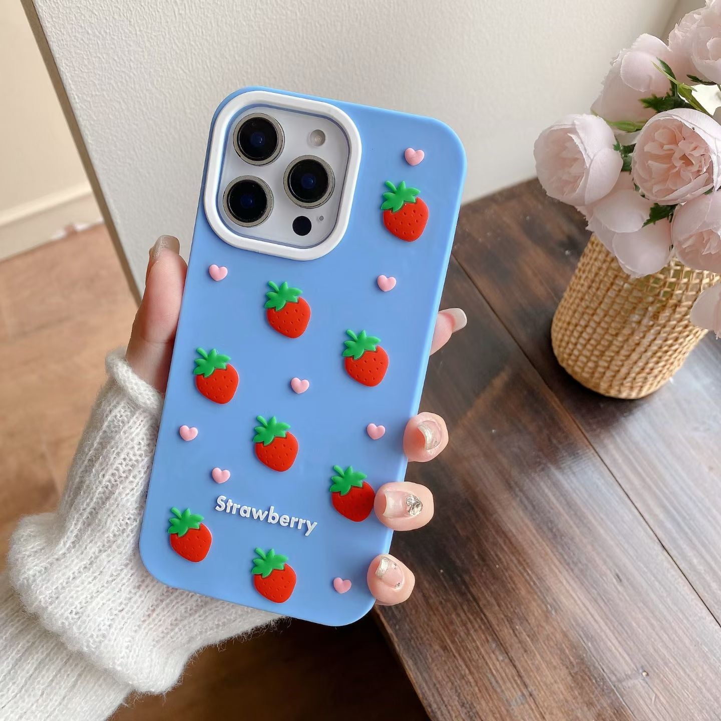 Cute 3D Strawberry Silicone Case for iPhone 17 17 Pro 17 Pro Max – Soft Shockproof Cover with Heart Decor and Kawaii Fruit Design