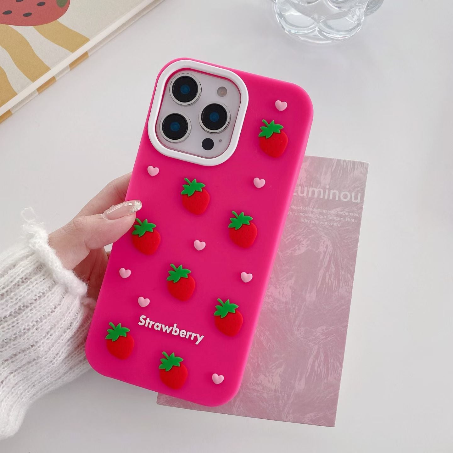 Cute 3D Strawberry Silicone Case for iPhone 17 17 Pro 17 Pro Max – Soft Shockproof Cover with Heart Decor and Kawaii Fruit Design