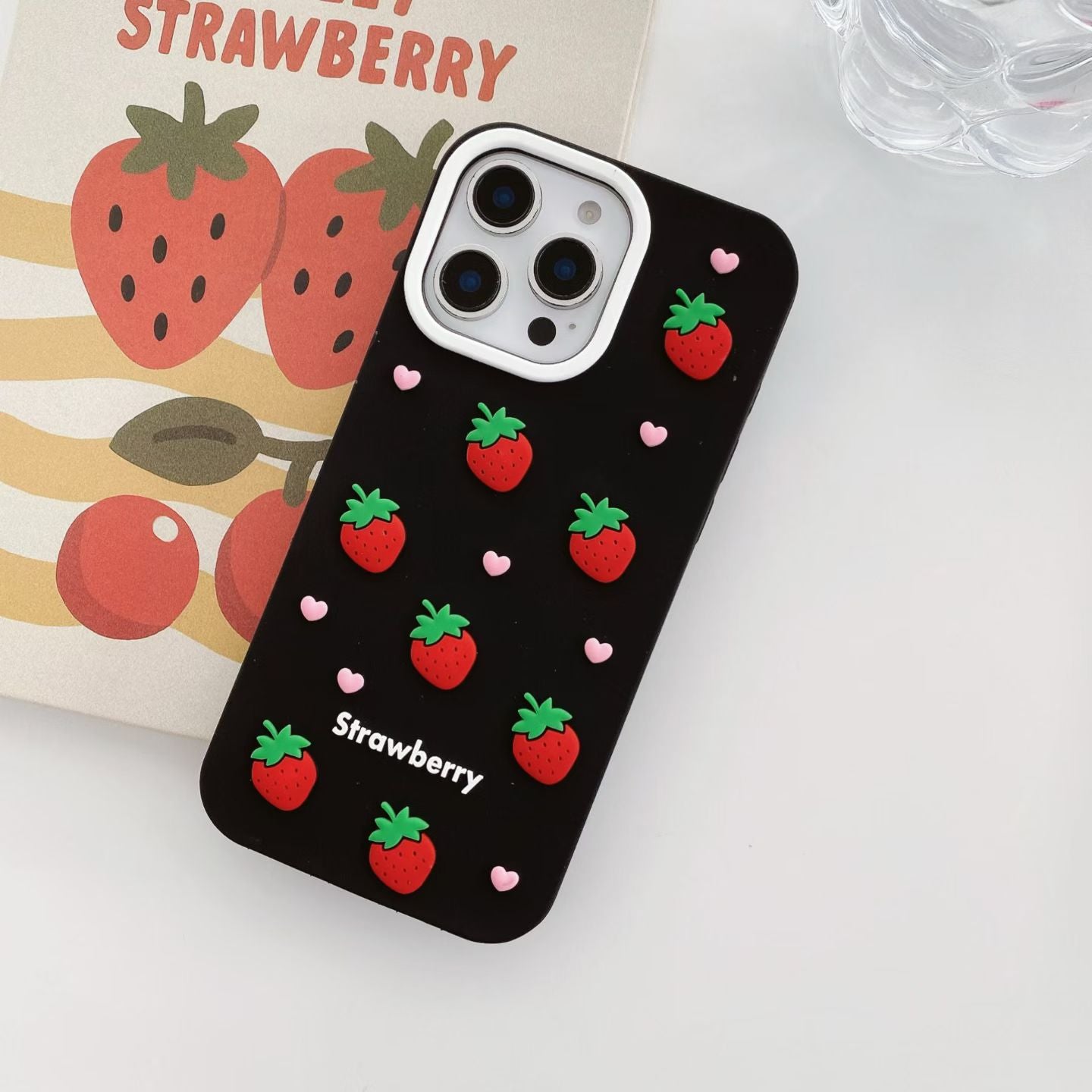 Cute 3D Strawberry Silicone Case for iPhone 17 17 Pro 17 Pro Max – Soft Shockproof Cover with Heart Decor and Kawaii Fruit Design