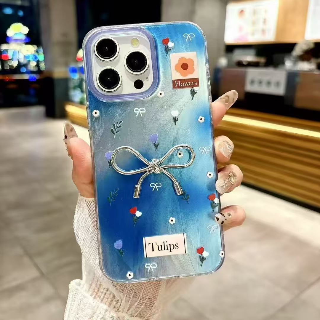 Elegant Bowknot Design Glossy Hand-Painted Style Floral  Pastel Aesthetic IMD Phone Case