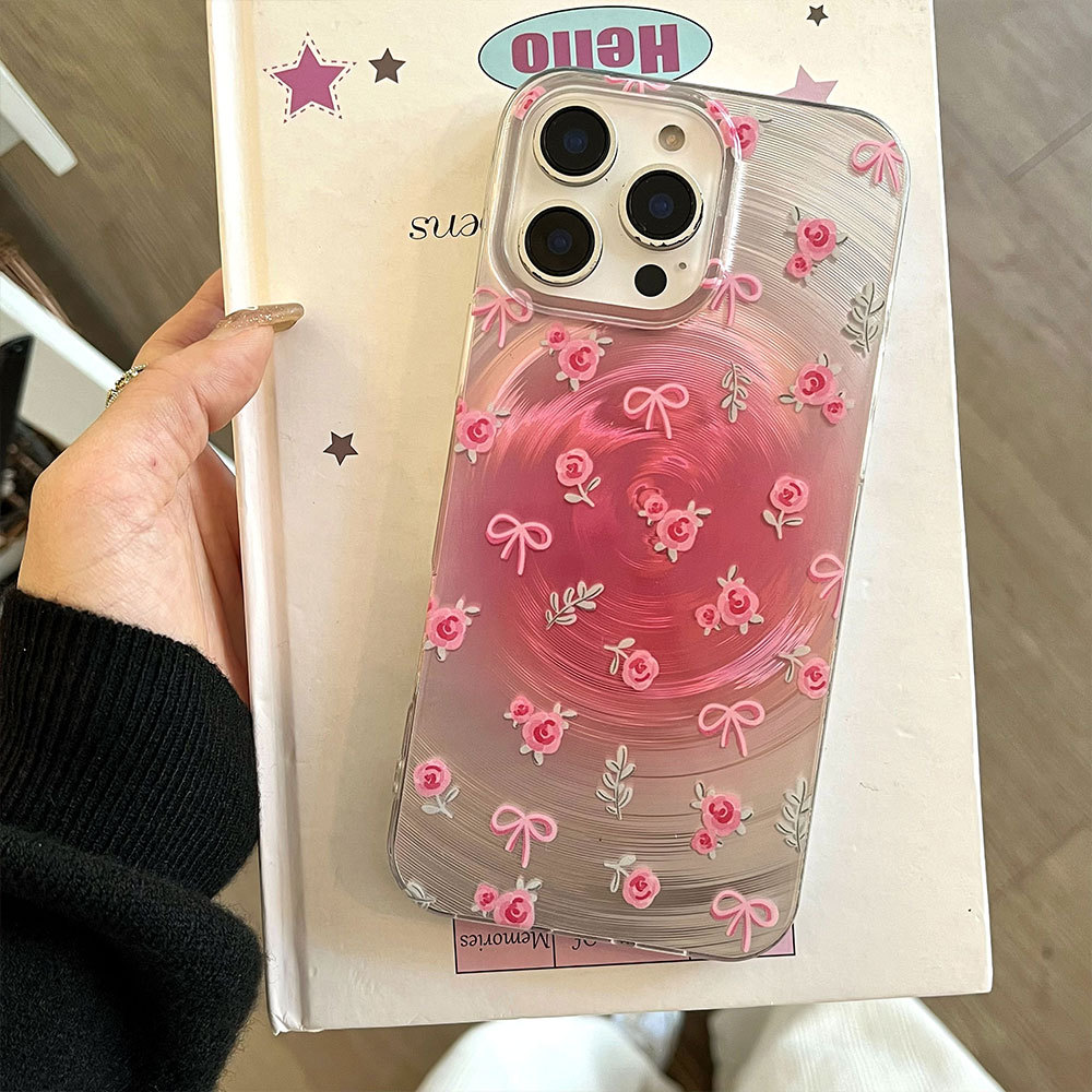 Romantic Pink Rose iPhone Case with 3D Floral & Bow Design, Glossy Swirl Effect, Cute & Protective Cover for Girls and Women