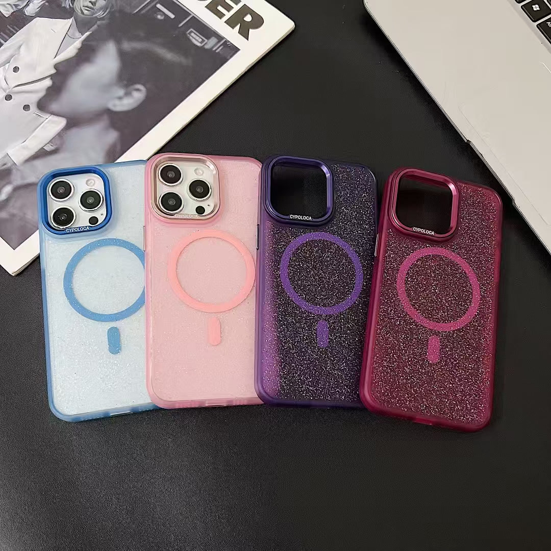 Wholesale Phone Cases | Customizable | Factory Direct Sparkly Glitter iPhone Case with Magnetic Ring | Metal Camera Frame | Magsafe Charging Support | Shockproof Soft Cover
