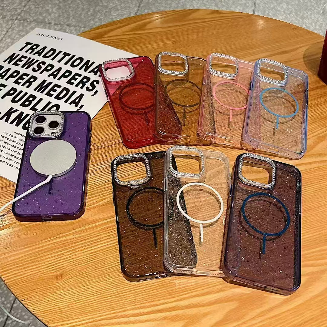 Wholesale Phone Cases Customizable Factory Direct – Clear Glitter Case with Magnetic Ring & Diamond Camera Bumper for Samsung, Xiaomi, Huawei, OPPO